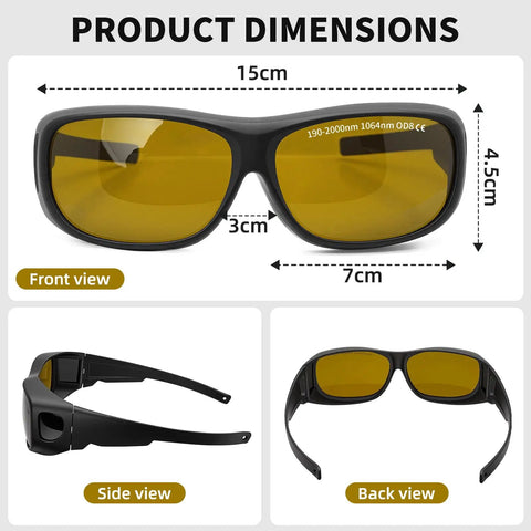 Heavy Hitter Laser Safety Specs 2 Pack OD8 Protection Against 190Nm To 2000Nm And 1064Nm Lasers front, side and back views with dimensions.