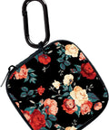 Premium Rugged Hard Eva Earbud Case With Sturdy Carabiner Loop For Wireless Headsets And AirPods Compatible Shockproof Travel Pouch Vintage Rose on black background.