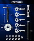 Part sizes of Beefy Heavy Duty Wheel Hub Puller Kit with hydraulic ram and adjustable hooks for cars trucks large vehicles 20 piece