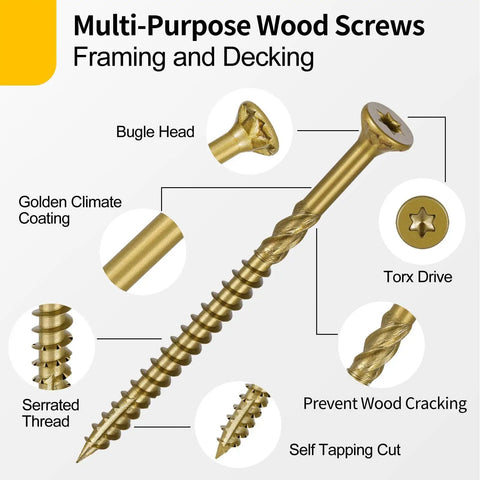 Top Tier 340 Piece Wood Fastener Bundle For Decks Fences Patios And Interior Exterior Applications Includes Size 8 And 9 Bugle Head Screws With Mix Of Lengths And T15 T25 Torx Bits Golden Coating Locks In Rust Resistance For Rock Solid Hold showing a gold bugle head wood screw with serrated threads.