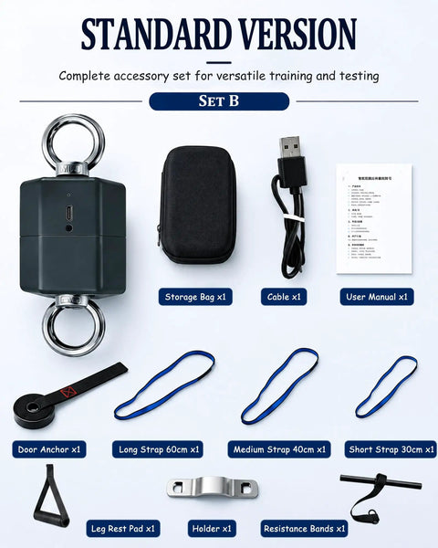 Professional Isometric Strength Tester And Wireless Push Pull Dynamometer accessory set including straps, storage bag, and manual.