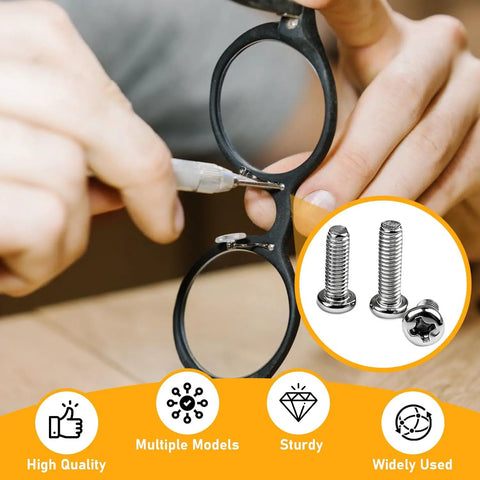 Person using 1000 Piece Rust Resistant Carbon Steel Mini Screw Kit With Phillips Pan Heads For Electronics Repair And Gadget Fixes M1.6 To M3 on eyeglasses.