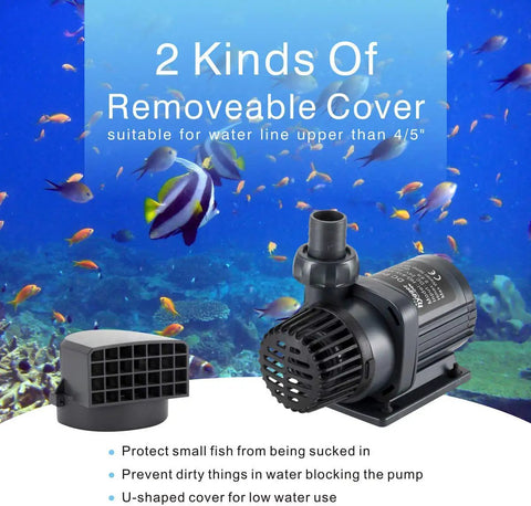 Image of 24V DC Water Pump With LCD Display Controller For Saltwater Aquarium Ultra Quiet Inline Or Submersible Return Pump 800 GPH For Coral Reef Tank Sump Energy Saving Low Noise Durable Magnetic Drive, featuring two removable covers for water line management.