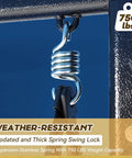 Close-up of a stainless spring swing lock with 750 lbs capacity, part of Three Seat Patio Swing With Textilene Backrest, Two Cup Holders And An Adjustable Canopy For Backyard, Porch Or Garden, Square Tube Frame In Blue, Breathable Waterproof Fabric For Cool Summer Relaxing Vibes