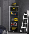 Built Like A Tank 6 Tier Metal Corner Wire Shelf With Waterproof Liners And Adjustable Leveling Feet Detachable Garage Storage Rack And Heavy Duty Basement Organizer For Any Home Setup 420 Lb Capacity holding tools and containers in a garage.