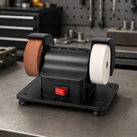 Badass Dual Wheel Bench Grinder With Sturdy Rubber Footed Base on a workbench, featuring dual wheels for polishing and sharpening.