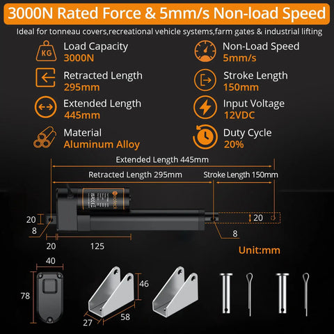 Beefy Heavy Duty 12V Linear Actuator Generating 3000N Force specifications including load capacity, size, and material details.