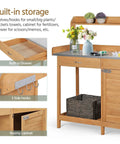 Outdoor Garden Potting Bench With Wood Tabletop And Open Shelf Cabinet Drawer Dope Fir Wood Workstation With storage features.