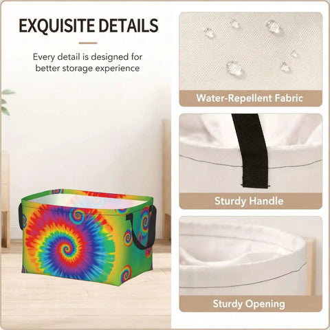 Hella Spacious Waterproof Storage Bin With Rainbow Tie Dye Design and Secure Carry Handles for clothing sorting, showcasing water-repellent fabric.