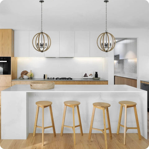 4 Light Modern Farmhouse Pendant Chandelier With Armillary Sphere Cage In Smoked Birch Finish over kitchen island