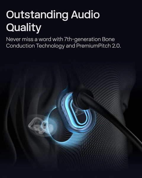 Close-up of Open Ear Bone Conduction Headset For Work Calls And Meetings Wireless Bluetooth Headphones on ear with sound graphic.