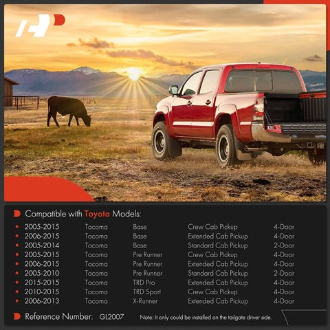 Rear Left Tailgate Assist Shock Strut For Toyota Tacoma 2005 To 2015 Pickup Truck, with a red truck by a sunset.
