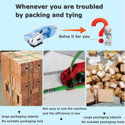 Cordless Electric Strapping Machine With Effortless One Handed Operation, Automatic PP PET Strap Welding displayed with packaging examples.