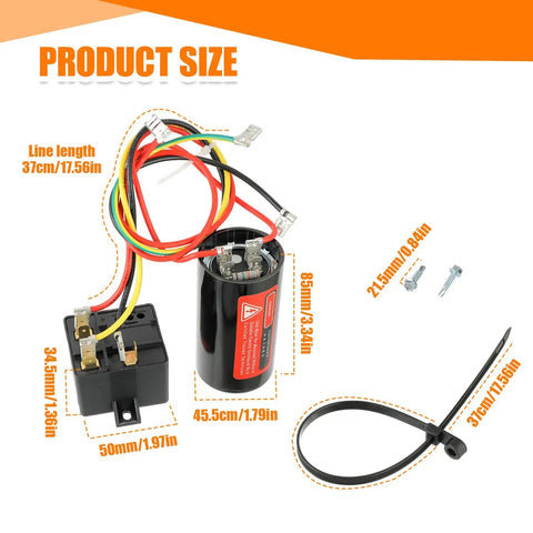 Csr U1 Hard Start Capacitor Kit For One To Three Ton Air Conditioners Pre Wired Setup with colorful leads and dimensions shown.