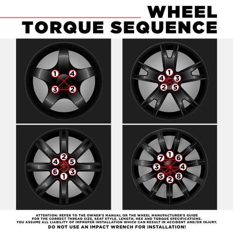 Wheel torque sequence for lug nut installation shown on car wheels, guidance for Solid Piece Spline Spike Lug Nut Set 14x1.50 Thread Pitch.