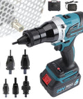 Cordless Rivet Nut Gun Set With Automatic Electric Riveter And 26V Battery showcases a portable toolkit and various attachments for M3 to M12.