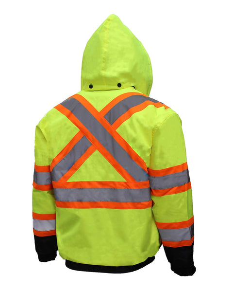 Back view of Hi Vis Bomber Workwear Jacket For Outdoorsmen, ANSI Class 3 High Visibility Neon Lime Waterproof With 2 Inch Reflective Taping.