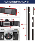 Customized Pentax SP camera with pre-cut foam seal kit for light leak replacement, showcasing camera body and seals.