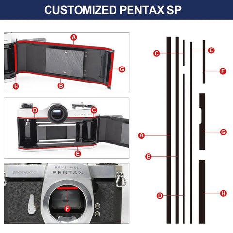 Customized Pentax SP camera with pre-cut foam seal kit for light leak replacement, showcasing camera body and seals.