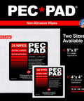 PEC-PAD lint-free non-abrasive wipes, 4x4 in, for cleaning sensitive optical surfaces; two sizes shown (9x9 in, 4x4 in).