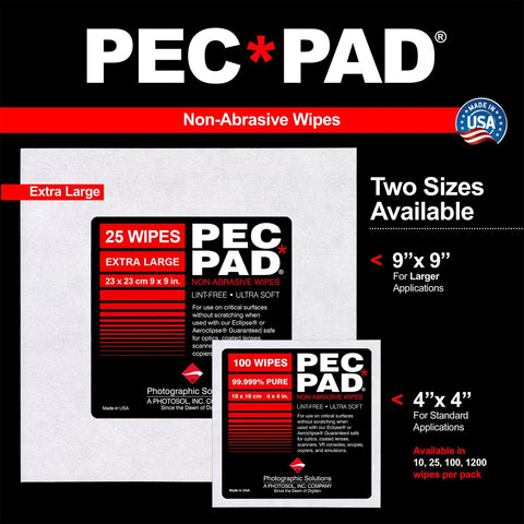PEC-PAD non-abrasive wipes kit; 9x9 in (25) and 4x4 in (100) wipes for cleaning film/negatives