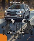 Heavy Duty Complete Front And Rear Suspension Overhaul Kit With Ball Joints Sway Bar Links And Tie Rod Ends To Fix Squeaks And Shake Chevrolet Equinox Gmc Terrain 2010-2017 displayed with vehicle in background.
