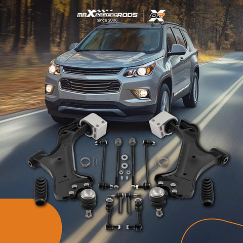 Heavy Duty Complete Front And Rear Suspension Overhaul Kit With Ball Joints Sway Bar Links And Tie Rod Ends To Fix Squeaks And Shake Chevrolet Equinox Gmc Terrain 2010-2017 displayed with vehicle in background.