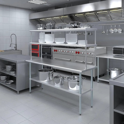 Heavy Duty Stainless Steel Double Overshelf For Commercial Prep Tables Certified Top Shelf Kitchen Storage Rack Connector For 18 By 72 Inch Workstations With No Sweat Setup, showcasing kitchen storage in a professional setting.