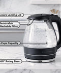 1.5L Borosilicate Glass Electric Kettle With Auto Shut Off, Boil Dry Protection, BPA Free, Removable Washable Spout Filter, Black Finish