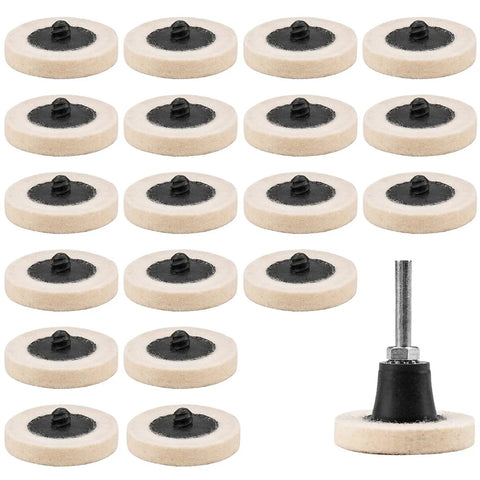 Two Inch Quick Change Polishing Discs Set With Premium Wool Buffing Wheels And One Quarter Inch Holders For Die Grinder Surface Conditioning, Great For Buffing Silver And Fine Finishes, 20 Piece Plus Kit, showing discs and holder.
