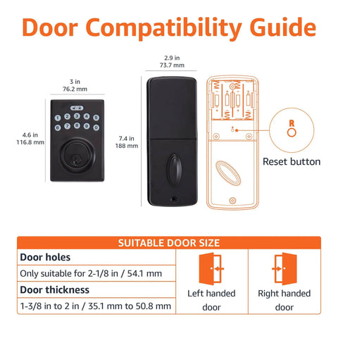Door compatibility guide for Pack Of Six Matte Black Electronic Keypad Deadbolt Door Lock With Auto Lock and Touch Control.