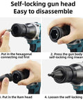 Step-by-step disassembly of the Self-locking gun head on the Straight Up Heavy Duty Cordless Rivet Gun Kit.