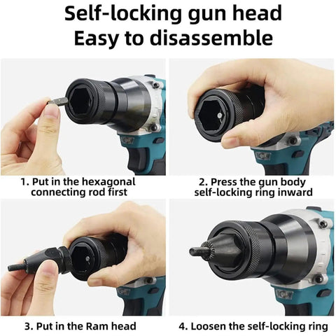 Step-by-step disassembly of the Self-locking gun head on the Straight Up Heavy Duty Cordless Rivet Gun Kit.