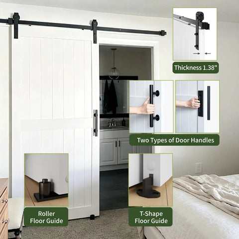 White Interior Sliding Barn Door 38 By 84 Inches With Heavy Duty Track Smooth Glide Rollers for Closet Bedroom Bathroom setup and handles.