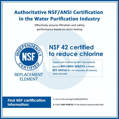 NSF ANSI Certification image for water purification showing certification and testing information for chlorine reduction.