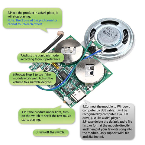 Slick DIY Light Activated Sound Module With Type C Usb Recordable Chip And 8Mb Memory Speaker showing circuit board and speaker.
