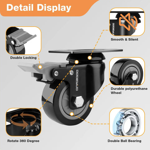 Detail display of Set Of Four 3 Inch Heavy Duty Rubber Swivel Caster Wheels With Two Parking Brakes and durable polyurethane materials.