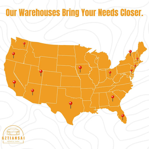 Map showing US locations of warehouses with red markers; text reads 'Our Warehouses Bring Your Needs Closer'.