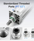 Bombproof Pneumatic Air Cylinder Featuring 4 Inch Bore And 13.78 Inch Stroke showing standardized threaded ports (PT 1/2) and connection details.