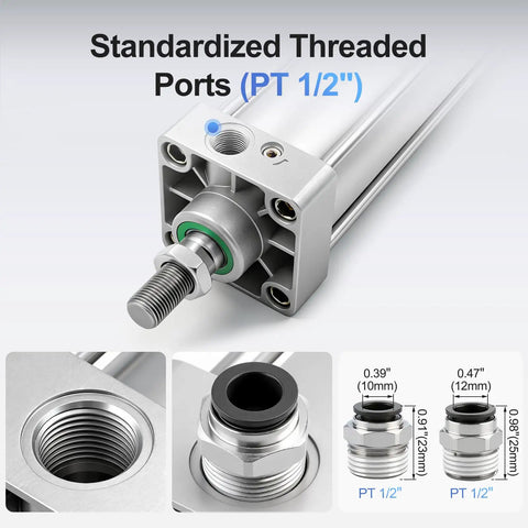 Bombproof Pneumatic Air Cylinder Featuring 4 Inch Bore And 13.78 Inch Stroke showing standardized threaded ports (PT 1/2) and connection details.