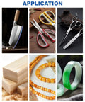 Mini Belt Sander Knife Sharpener uses for knives, scissors, woodworking, jewelry; showcasing applications in DIY projects.