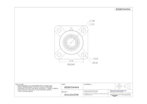 Cast Iron Standard Duty Flange Unit Pillow Block Bearing With No Sweat Regrease Setup front view diagram, 1 inch shaft, 4 bolt mount.