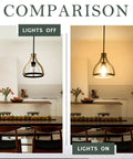 Comparison of Farmhouse Walnut Wood Pendant Light With Black Glass Shade adjustable length dimmable feature lights on and off.