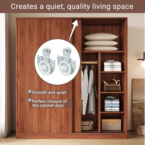 Wooden wardrobe with silver Sliding Closet Door Rollers Hardware Kit With Adjustable Mounting Hooks And Screws, six pack.