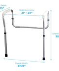 Rock Solid Adjustable Toilet Rails And Bathroom Grab Bars Breezy Click Setup Heavy Duty Safety Frame For Seniors Helping You Stand Up Stronger Grey dimensions showing height 30.5 inches and width 21-24 inches.
