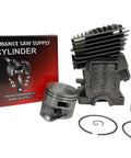 Heavy Duty Nikasil Cylinder And Piston Kit 49mm For Stihl MS391 Chainsaw with piston, rings, and clips in box.