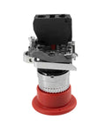 Heavy Duty E Stop Switch Emergency Stop Controller Normally Closed Safety Switch Built Like A Tank For JLG Scissor Lifts Drop In Ready Oem Replacement 4360475 Jl4360475 with red base and silver mechanism.