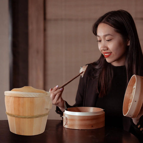Kickin Flavor Infusion Starts With This Handmade Wooden Rice Steamer Bucket And Tight Fitting Lid on a table with heat safe handles.