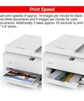 Affordable All In One Wireless Color Inkjet Printer For Home Office That Handles Duplex Printing Copy And Scan Auto Document Feeder Compact White Design shown printing color photo