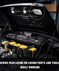Heavy Duty Magnetic Tray Set For Tools And Fasteners in use on car hood, stainless steel tray keeps screws, bolts, nuts from spilling